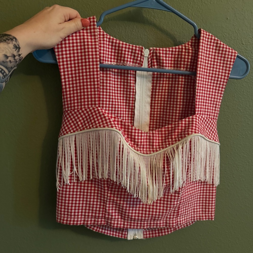 Rare Bettie page clothing Red Gingham western Fringe Crop Top